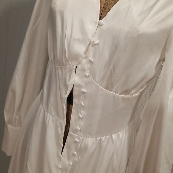 Spring Women White Dress V-neck Lantern Sleeve Dress Slim Solid Dress Mid-nwot - Picture 9 of 15